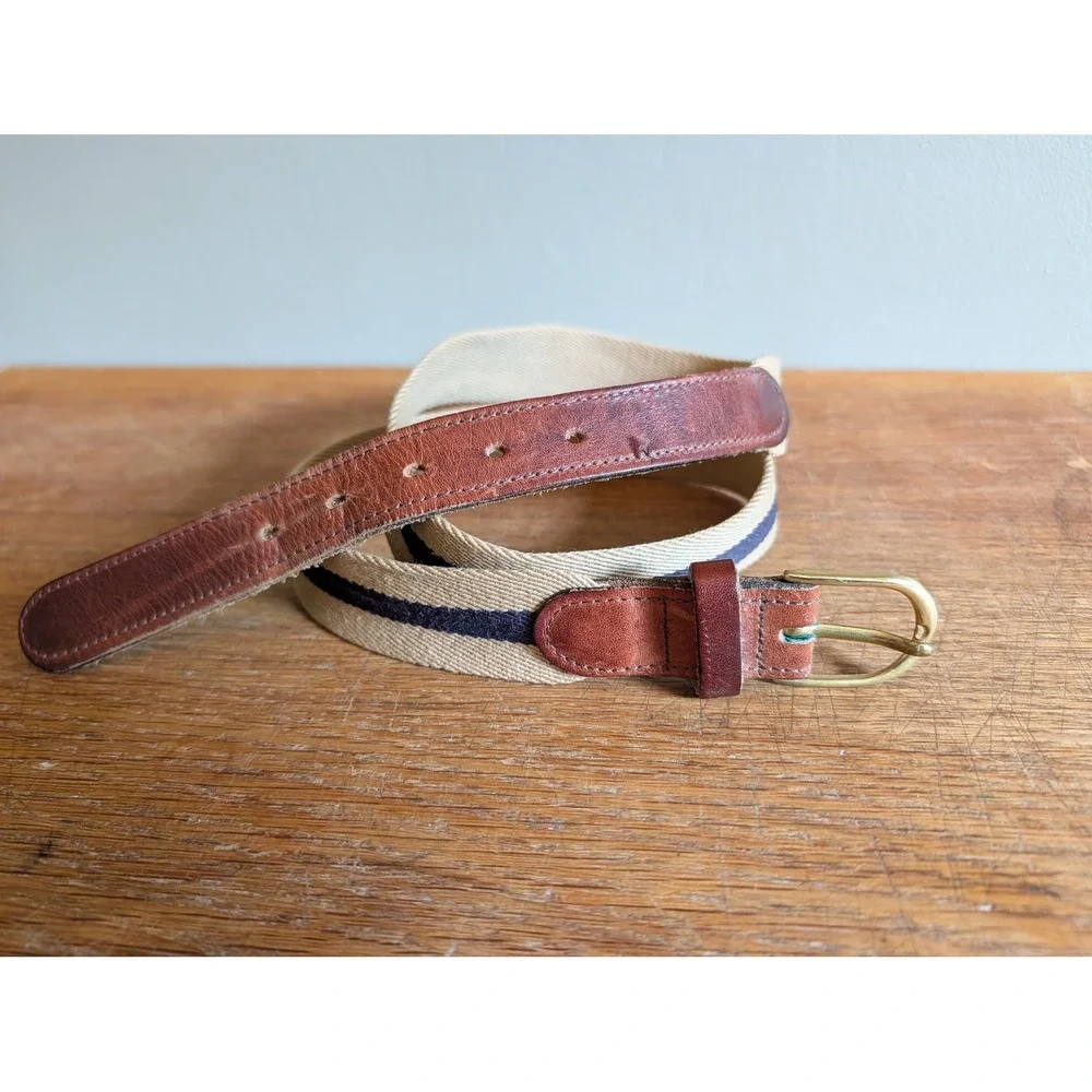 Vintage Mens Surcingle Belt Beige Canvas Navy Stripe Tan Leather Solid Brass 38